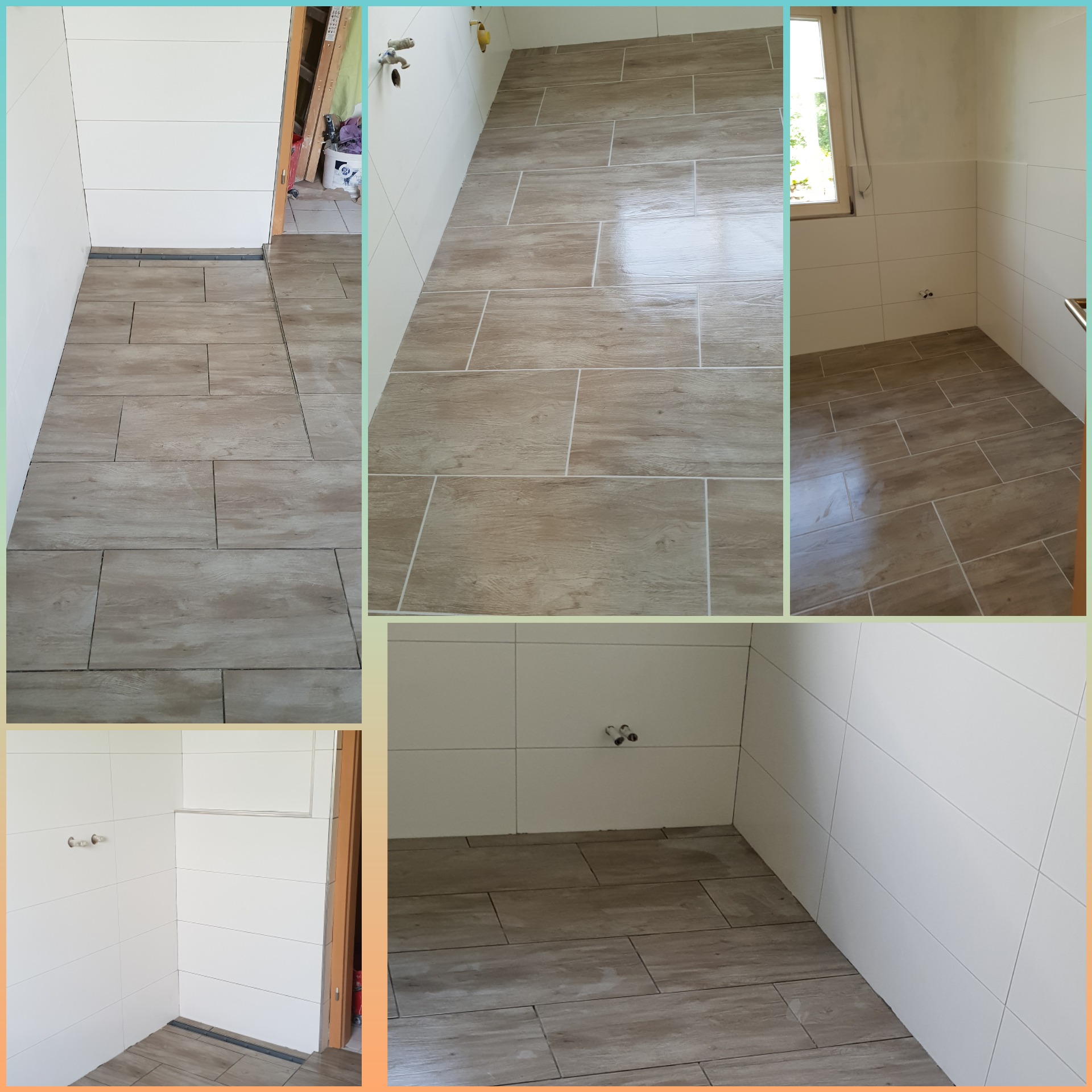 Mozaika zdjęć przedstawiająca podłogę z płytek imitujących drewno i białe ściany z płytek w łazience w trakcie remontu, widoczne przyłącza wodne i odpływ liniowy.