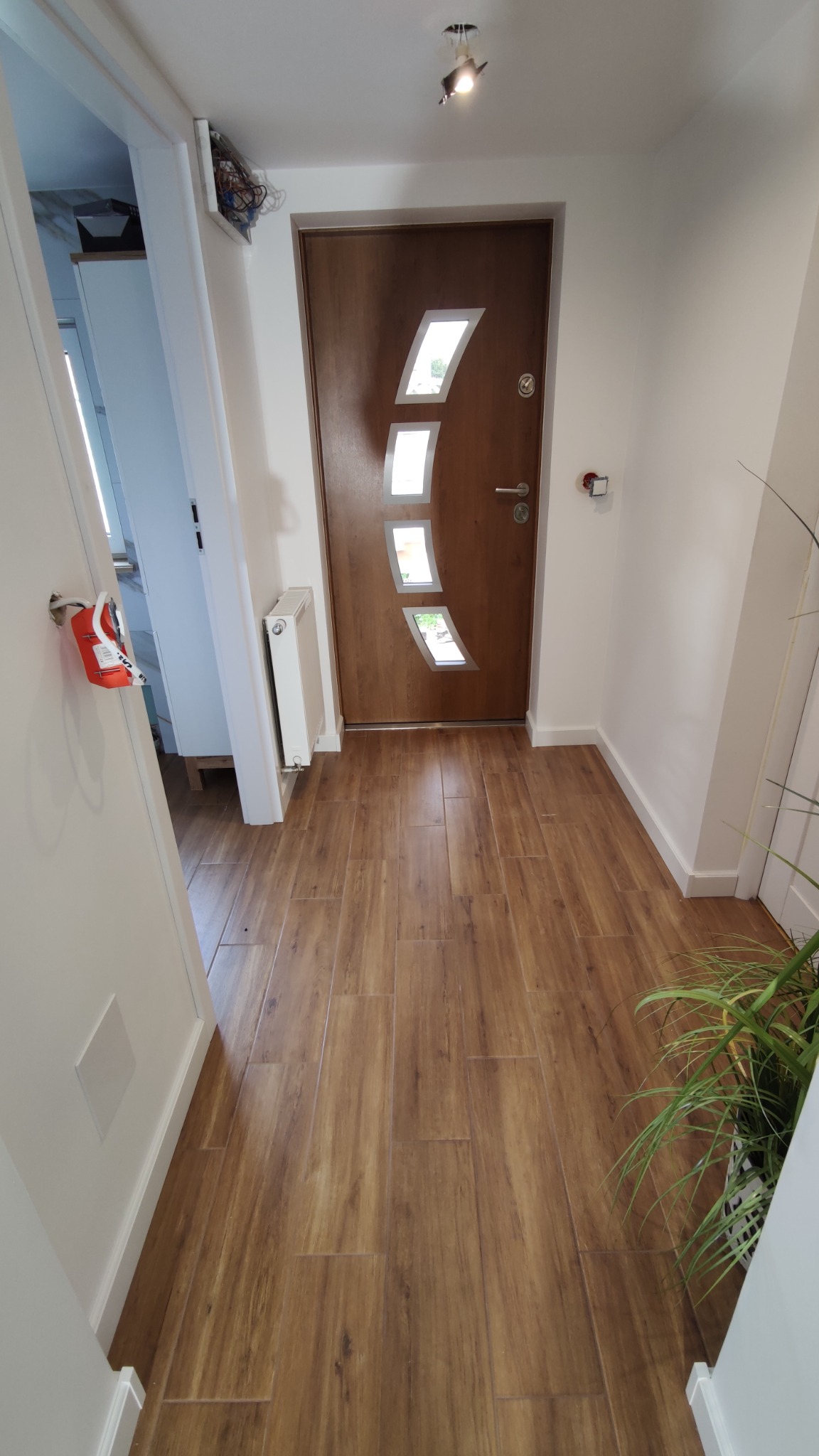 Korytarz z drewnopodobną podłogą, białe ściany i brązowe drzwi z przeszkleniami, widoczny fragment grzejnika i rośliny doniczkowej, oświetlenie sufitowe punktowe.