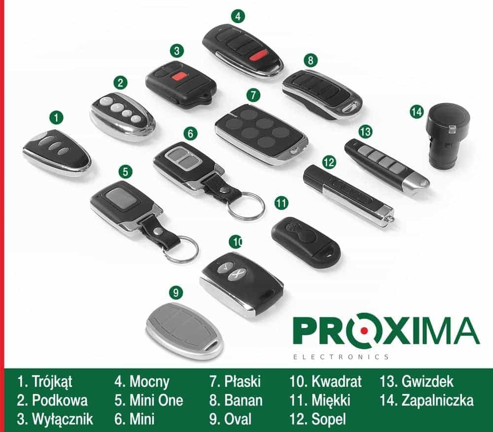Katalog czternastu różnych pilotów do bram z logo producenta Proxima Electronics, każdy oznaczony numerem i nazwą kształtu.