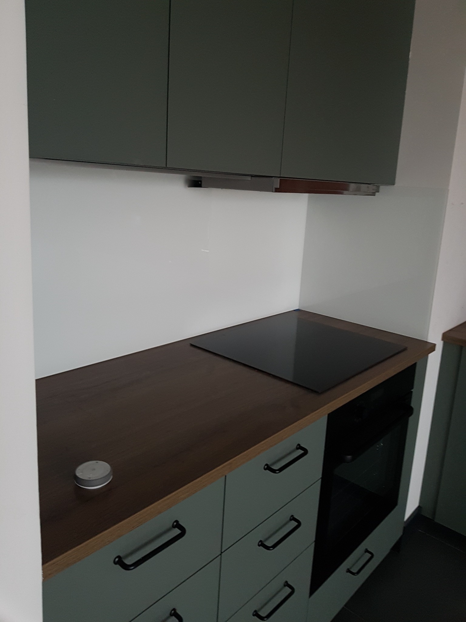 Fragment kuchni z zabudową w odcieniach zieleni, ciemny drewniany blat, płyta indukcyjna i piekarnik, minimalistyczne uchwyty.