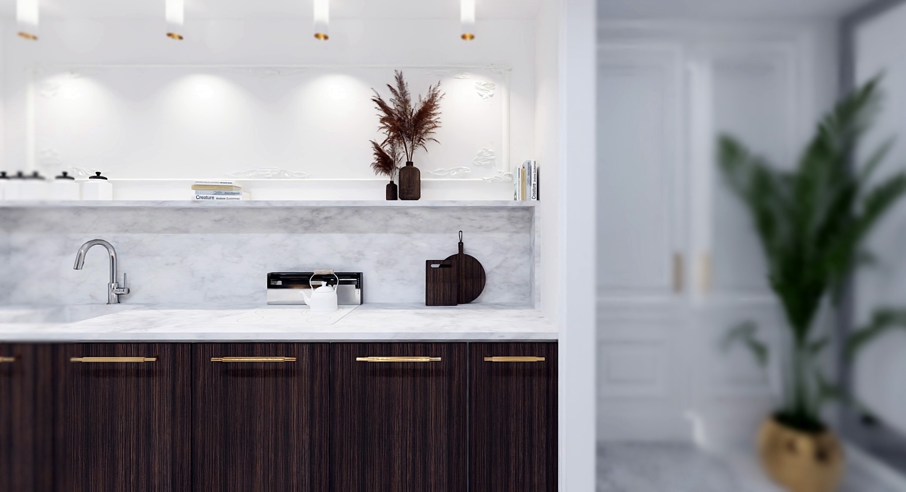 Nowoczesna kuchnia z ciemnego drewna z marmurowym blatem, zlewem, czajnikiem i dekoracjami, minimalistyczny design z akcentami złota