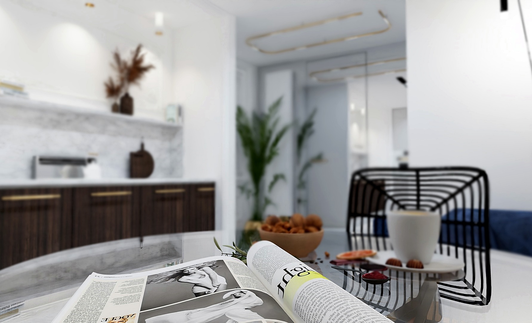 Jasne wnętrze z otwartą kuchnią, marmurowym blatem i drewnianymi szafkami, widok z perspektywy stolika z otwartym magazynem Vogue, filiżanką kawy i dekoracyjną misą.