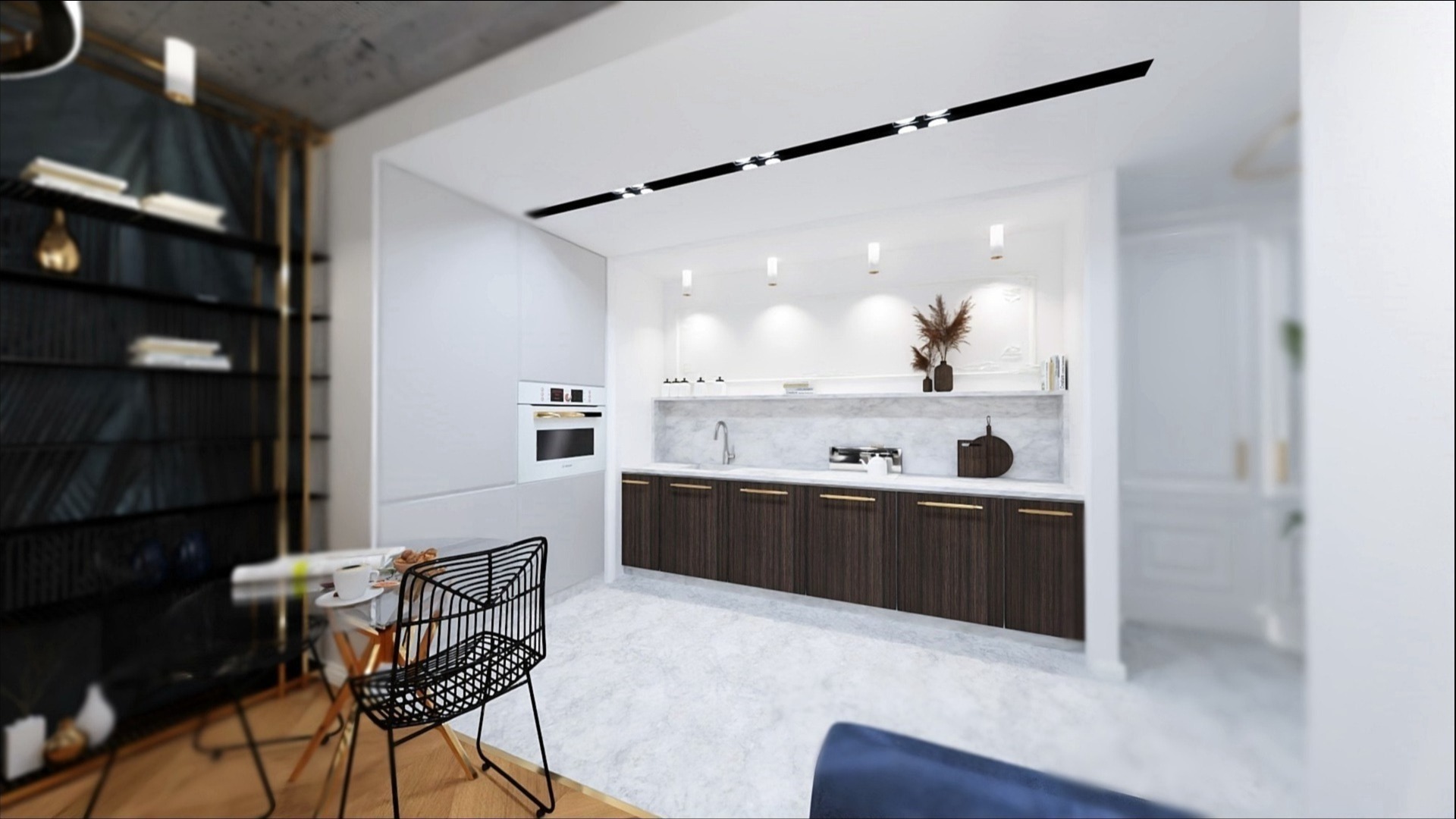 Wizualizacja nowoczesnej kuchni z ciemnymi szafkami, marmurowym blatem i białymi ścianami, oświetlona listwą LED na suficie, z elementami dekoracyjnymi i czarnym regałem w tle.