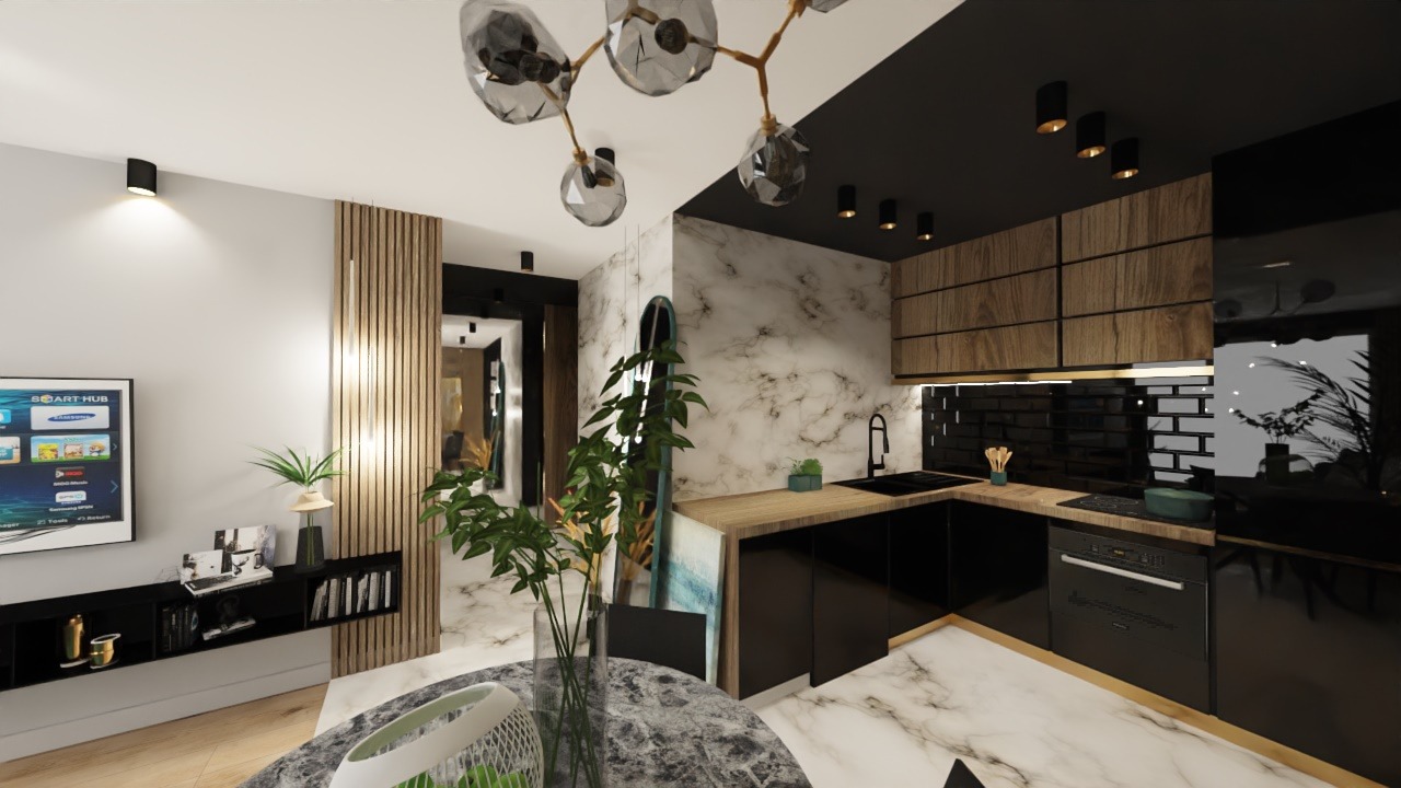 Wizualizacja nowoczesnego wnętrza z marmurową ścianą, czarną zabudową kuchenną i drewnianymi akcentami, oświetlona designerską lampą sufitową.