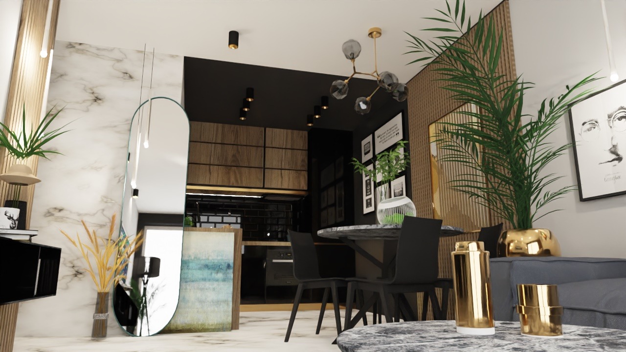 Wizualizacja nowoczesnego wnętrza z aneksem kuchennym, marmurową ścianą, dużym lustrem w metalowej ramie, okrągłym stołem z marmurowym blatem i czarnymi krzesłami, dekoracyjnymi roślinami w złotych...