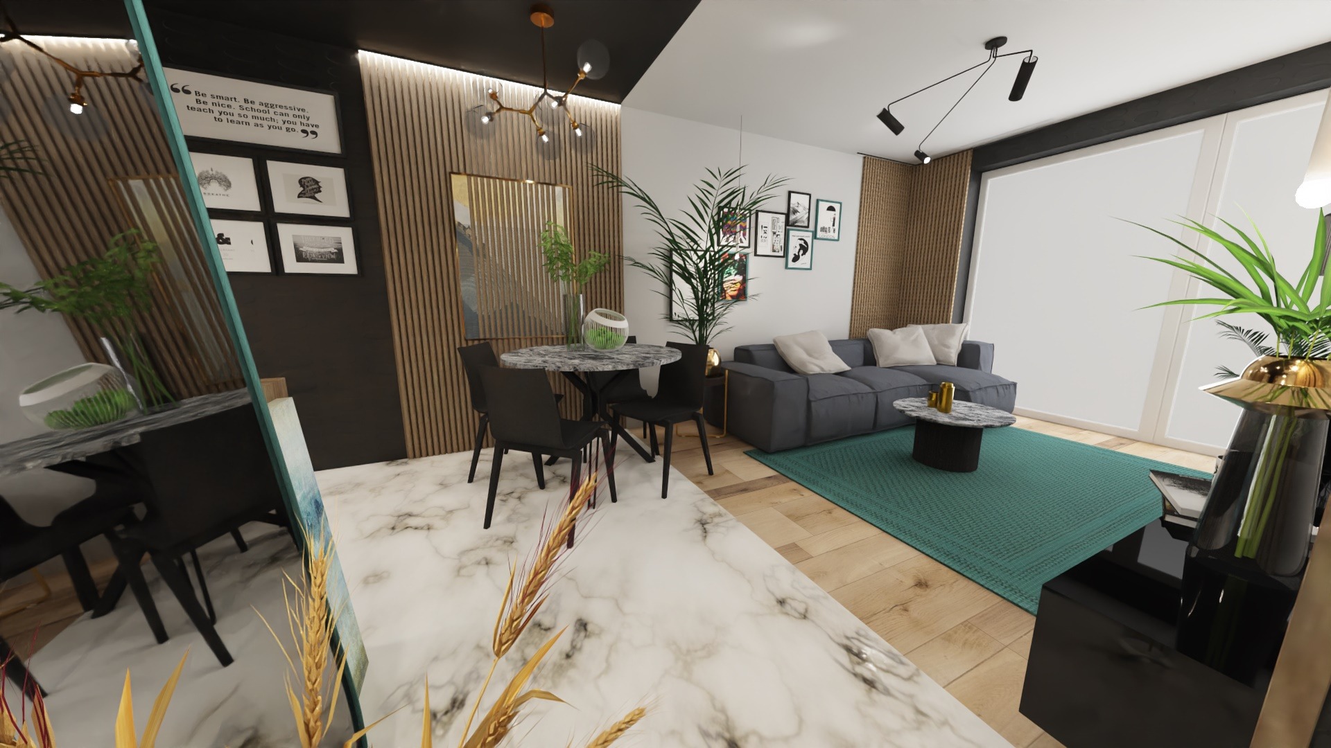 Wizualizacja wnętrza mieszkania z marmurową podłogą i okrągłym stołem jadalnym, szara sofa i zielony dywan w salonie, ściana z drewnianymi panelami i dekoracjami ściennymi.