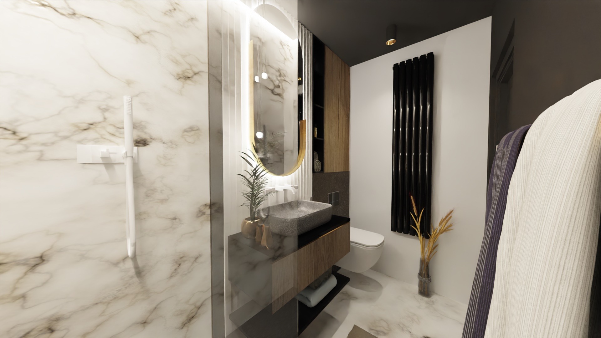 Nowoczesna łazienka z marmurową ścianą, owalnym lustrem z podświetleniem LED, kamienną umywalką i czarnym grzejnikiem żeberkowym.