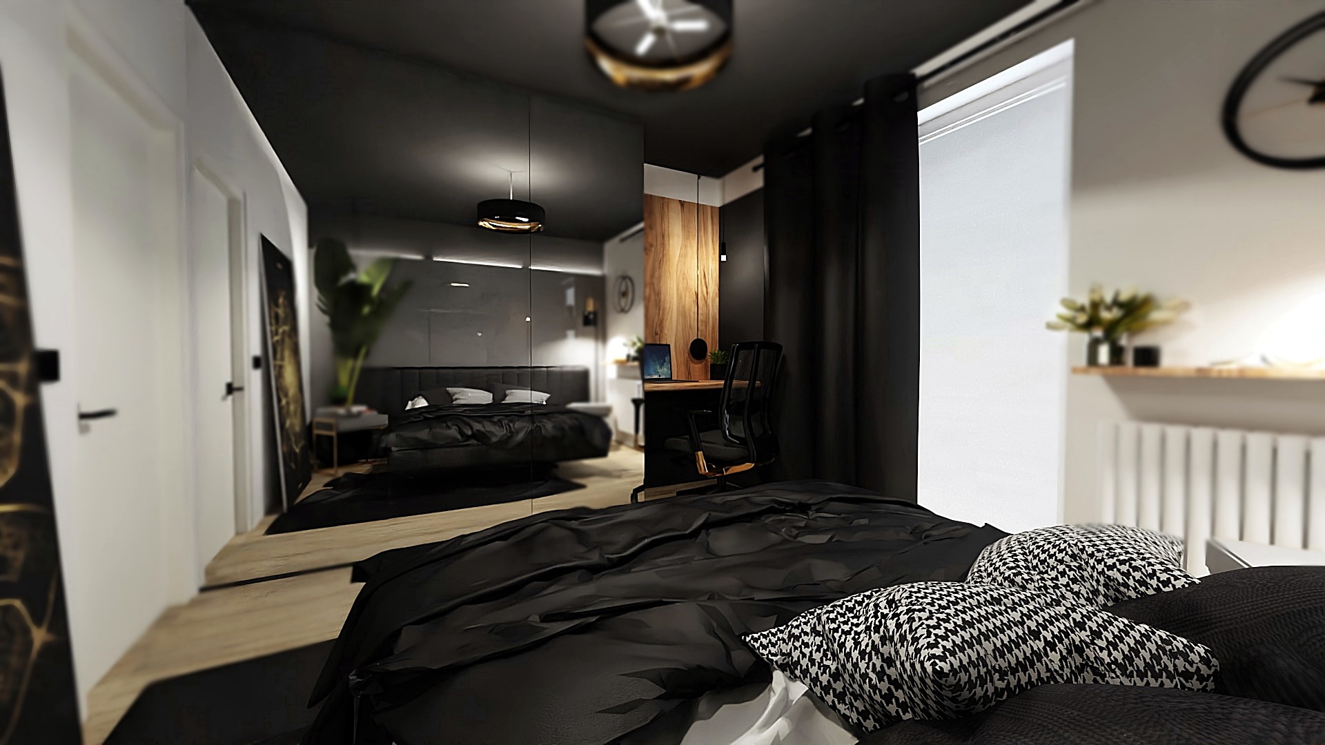 Elegancka sypialnia w odcieniach czerni i bieli z łóżkiem z czarną pościelą i wzorzystymi poduszkami, widok na lustrzaną ścianę odbijającą drugie łóżko i biurko z krzesłem.