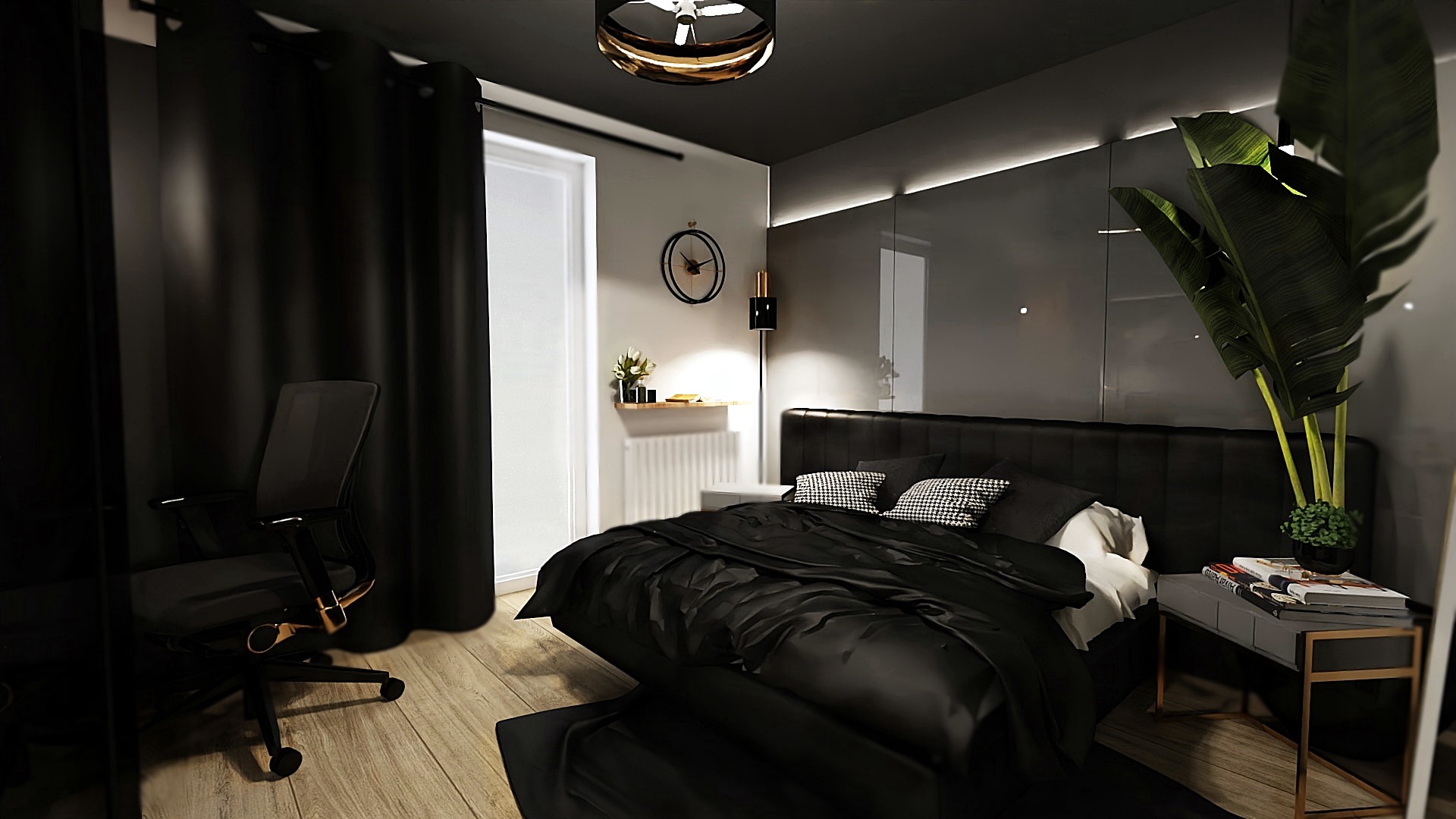 Nowoczesna sypialnia w odcieniach szarości i czerni z akcentami złota, z dużym łóżkiem z czarną pościelą, biurkiem z krzesłem i rośliną w doniczce na szafce nocnej.