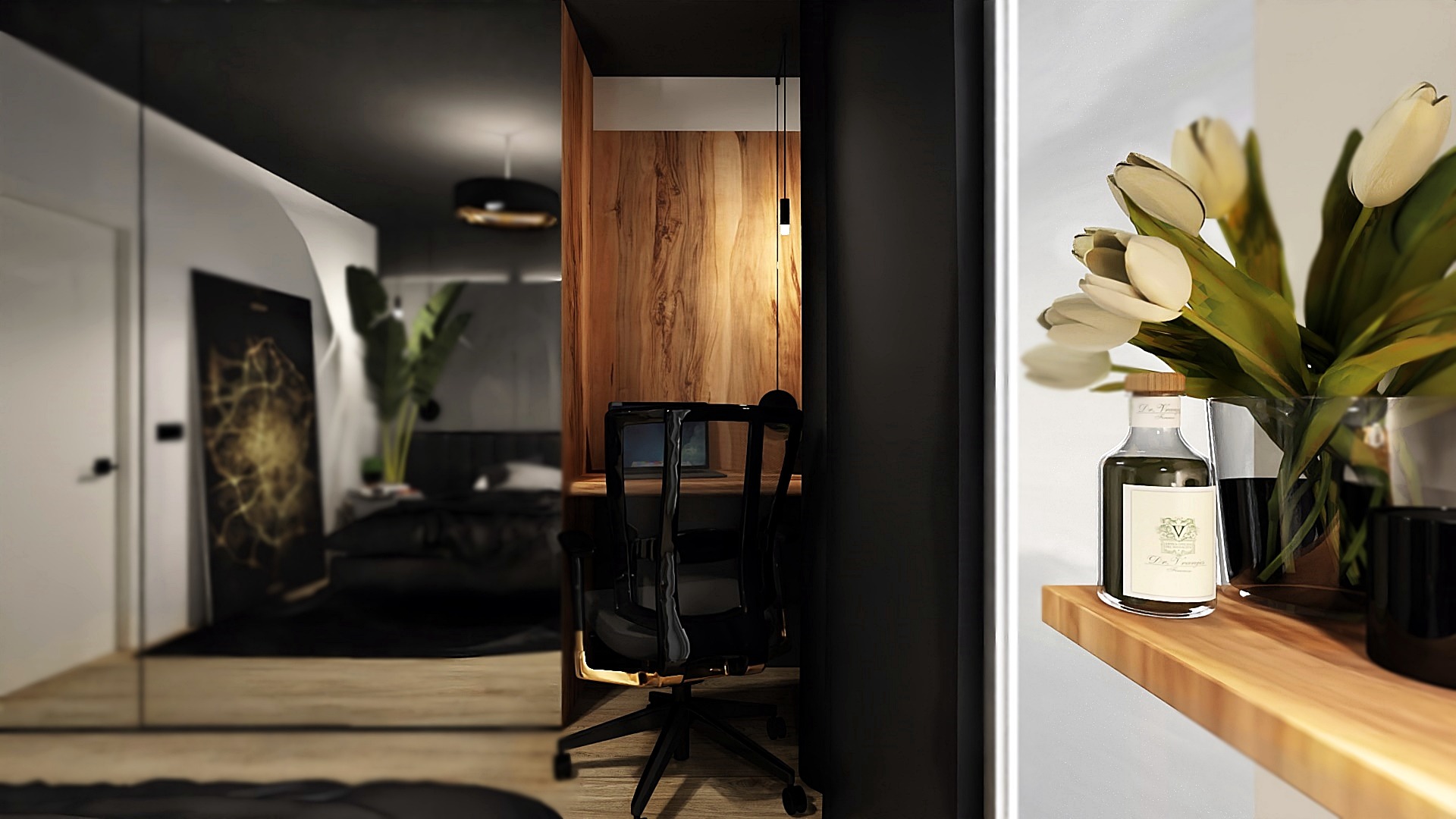 Nowoczesna aranżacja wnętrza sypialni z biurkiem w drewnianej wnęce, widok na łóżko i dekoracje, na pierwszym planie półka z tulipanami w wazonie i ozdobną butelką.