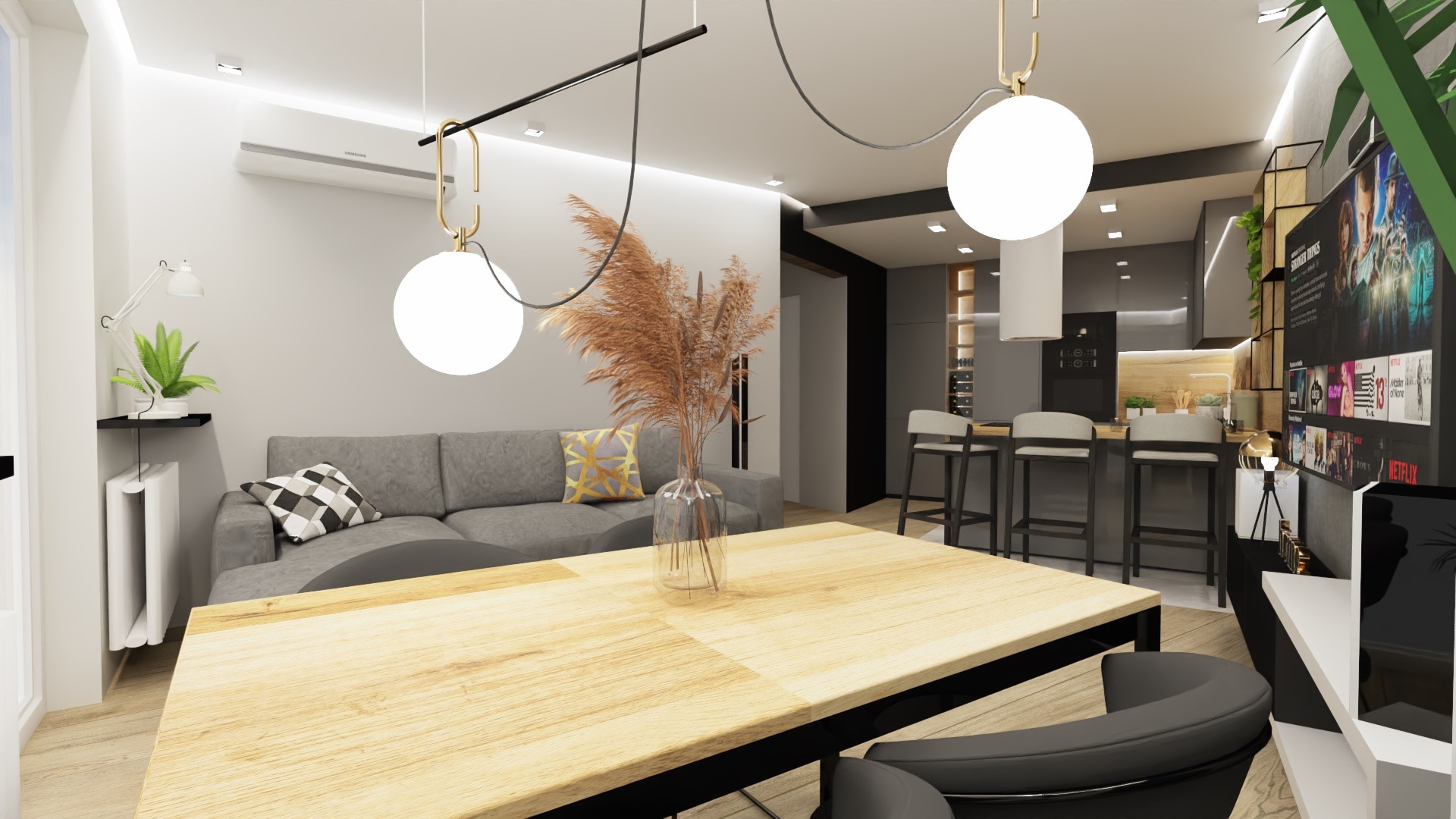 Wizualizacja wnętrza salonu z aneksem kuchennym, dominują szarości i drewno, na pierwszym planie stół z krzesłami, w tle kanapa i zabudowa kuchenna.