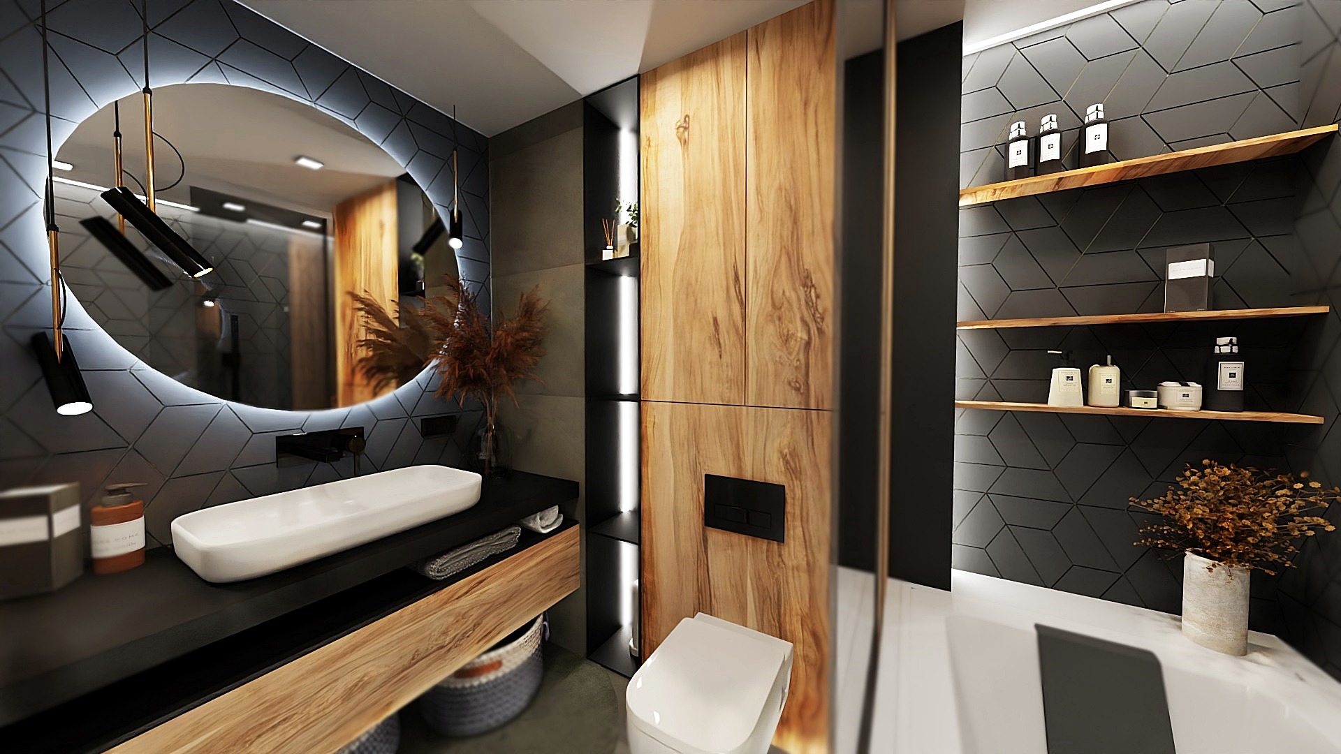 Nowoczesna łazienka z podświetlanym owalnym lustrem, drewnianą szafką z ukrytymi drzwiczkami, wiszącą toaletą i półkami na kosmetyki na tle ściany z geometrycznym wzorem.