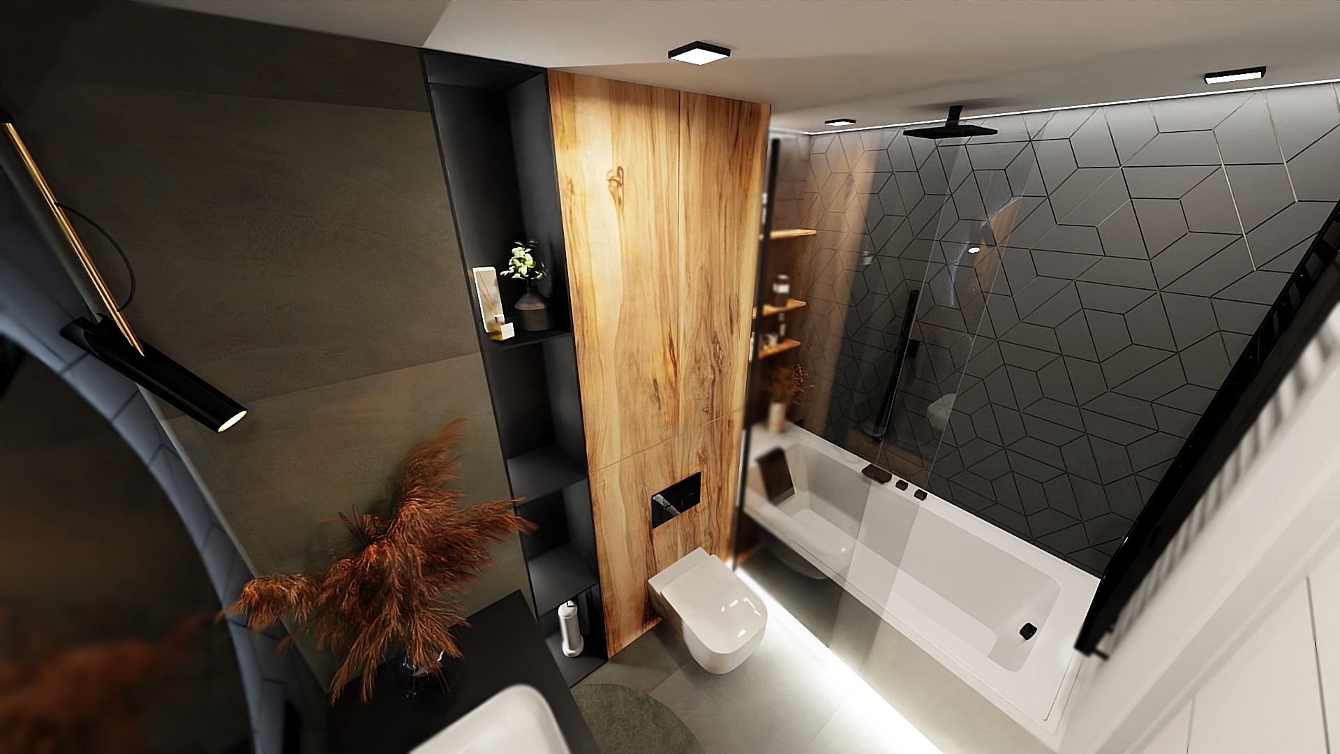 Wizualizacja nowoczesnej łazienki z drewnianą zabudową, geometryczną ścianą prysznicową i minimalistycznym oświetleniem punktowym.