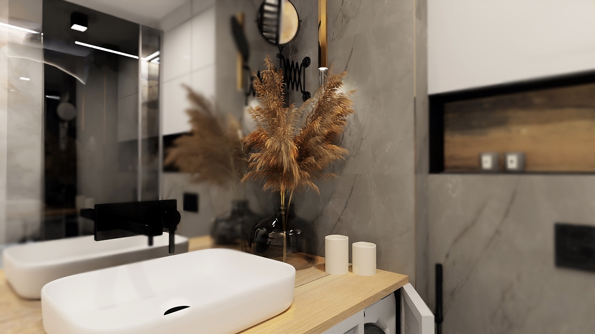 Nowoczesna łazienka z umywalką nablatową, armaturą w kolorze czarnym, lustrem na ścianie z szarego marmuru oraz dekoracją z suszonych traw w szklanym wazonie.