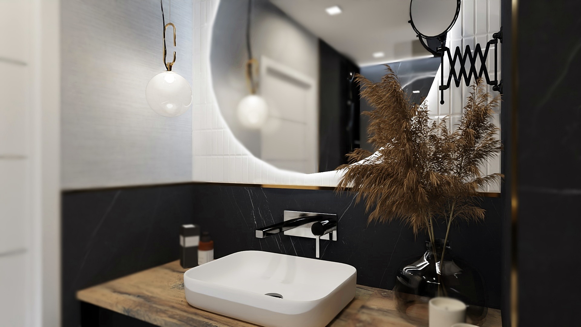 Nowoczesna łazienka z umywalką nablatową, okrągłym lustrem z podświetleniem, czarnym marmurem na ścianach i dekoracyjną lampą wiszącą.