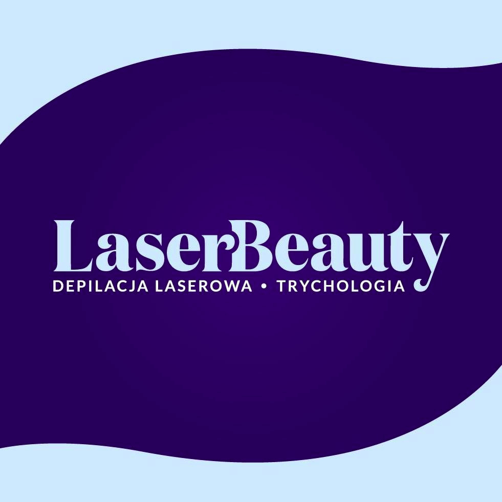 Logo LaserBeauty na fioletowym tle z hasłami: depilacja laserowa, trychologia.