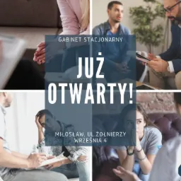 Kolaż zdjęć z sesji terapeutycznych, informujący o otwarciu gabinetu stacjonarnego w Miłosławiu przy ul. Żołnierzy Września 4, z logo w prawym dolnym rogu.