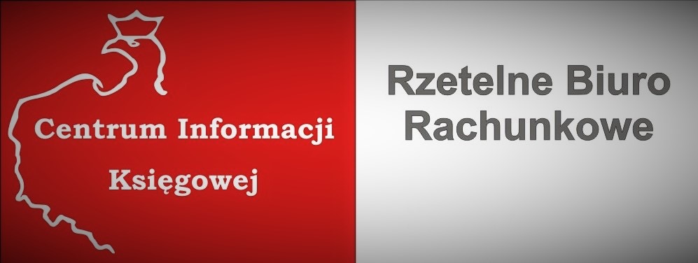 Logo biura rachunkowego: czerwone pole z godłem Polski i napisem 'Centrum Informacji Księgowej' oraz szare pole z napisem 'Rzetelne Biuro Rachunkowe'.