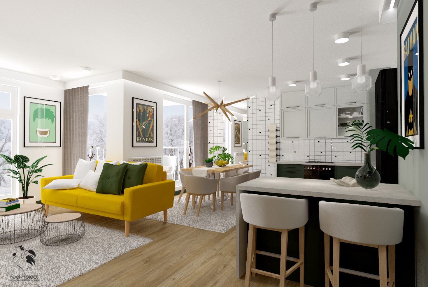 Wnętrze mieszkania z otwartą przestrzenią: żółta sofa z zielonymi poduszkami, jadalnia z drewnianym stołem i krzesłami w odcieniach beżu, kuchnia z białymi szafkami i czarnymi akcentami...