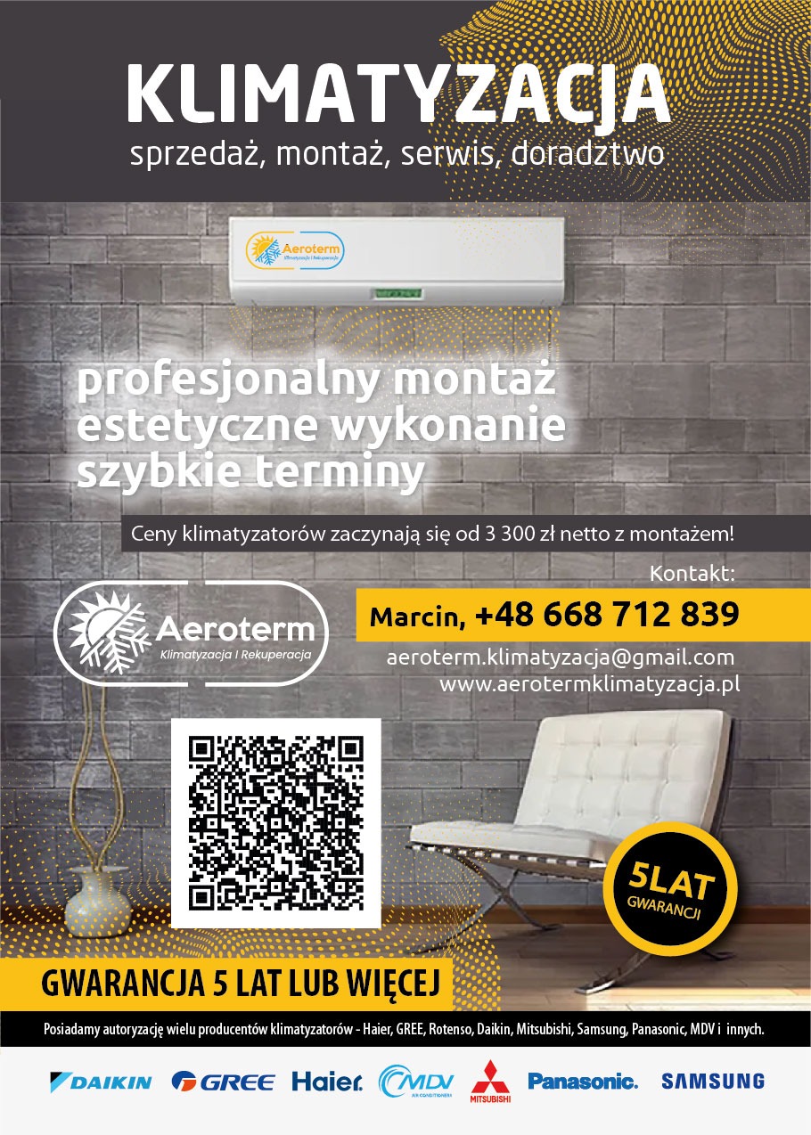 Grafika reklamowa firmy Aeroterm z klimatyzatorem na szarej ścianie, informacjami o profesjonalnym montażu, gwarancji 5 lat, kontakcie i logo firmy oraz kodem QR.