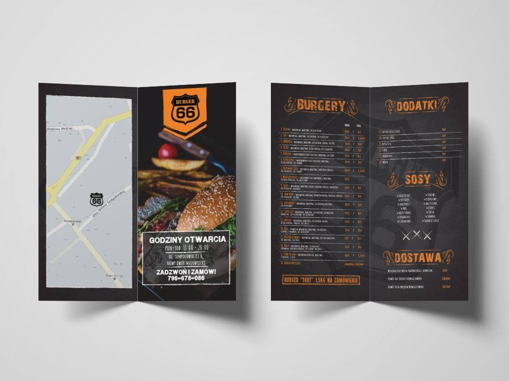 Rozłożona broszura reklamowa restauracji Burger 66, prezentująca mapę dojazdu, logo, zdjęcie burgera z frytkami oraz menu z cenami, godziny otwarcia i numer telefonu.