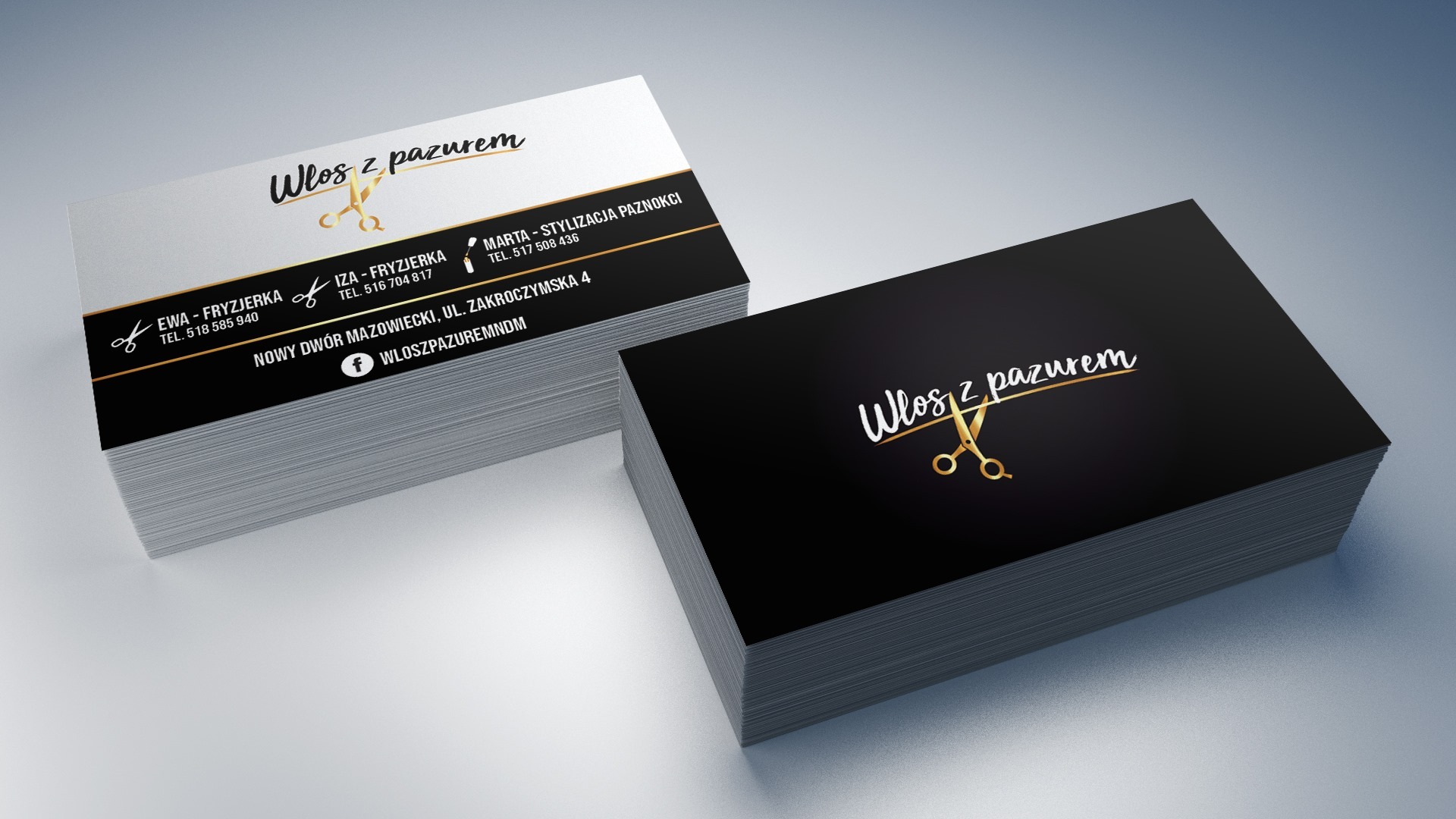 Dwa stosy wizytówek fryzjerskich z czarno-białym motywem i złotymi akcentami, logo 'Włos z pazurem' z ikoną nożyczek.