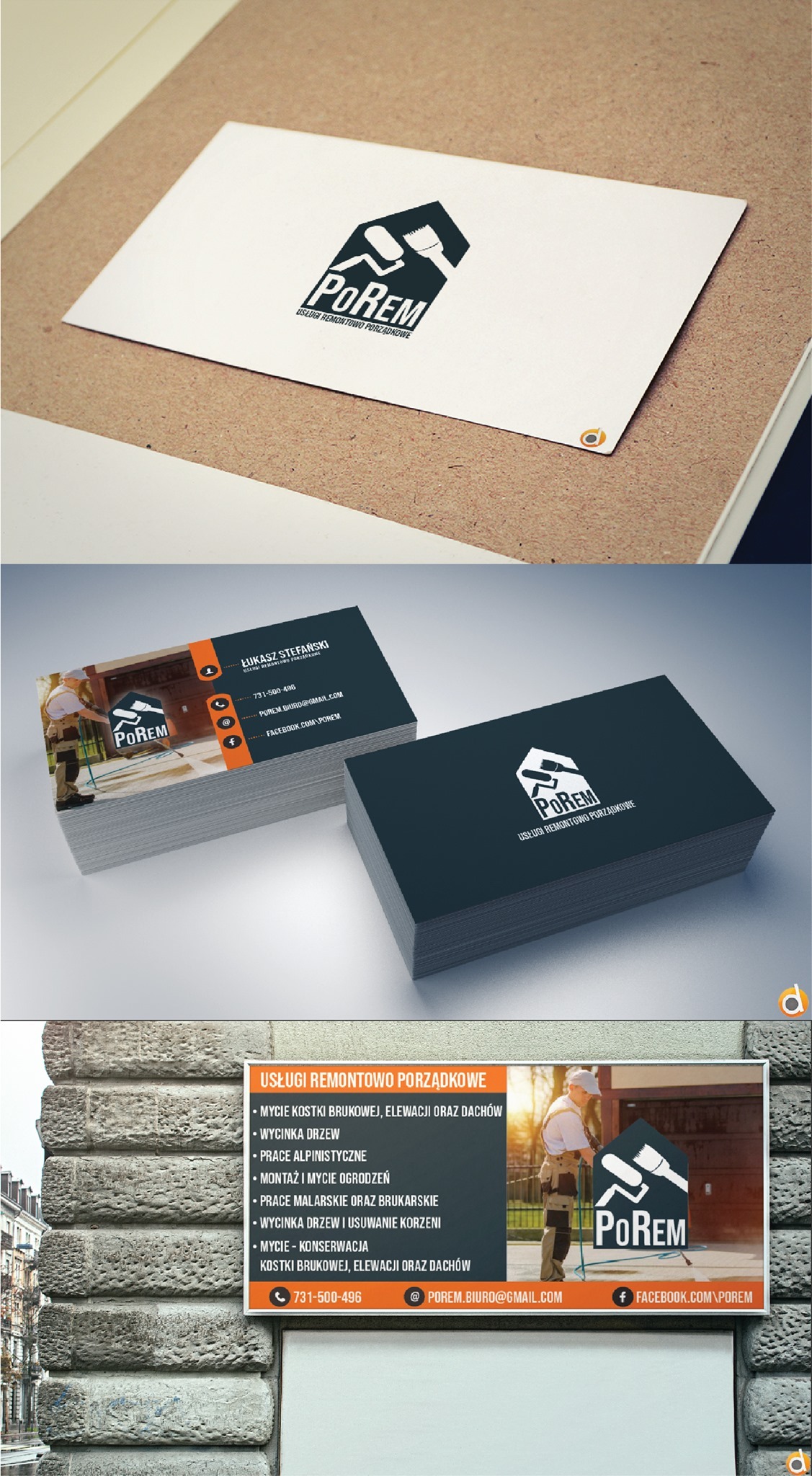 Wizualizacja materiałów reklamowych firmy remontowo-porządkowej: wizytówki z logo i danymi kontaktowymi, oraz baner reklamowy z ofertą usług, umieszczony na murze.