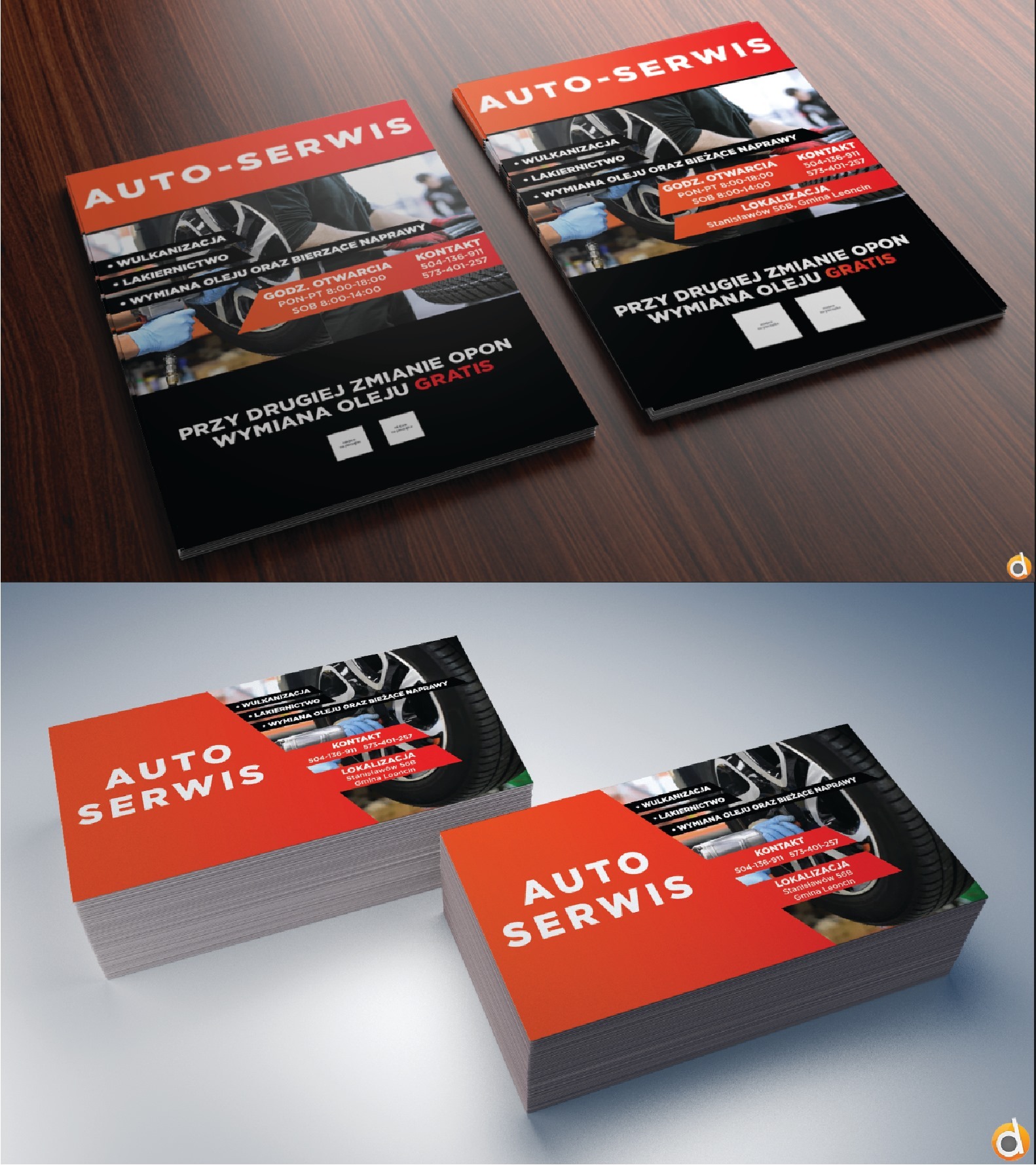 Stosy wizytówek i ulotek reklamowych warsztatu samochodowego z ofertą wulkanizacji, lakiernictwa i wymiany oleju, na drewnianym blacie.