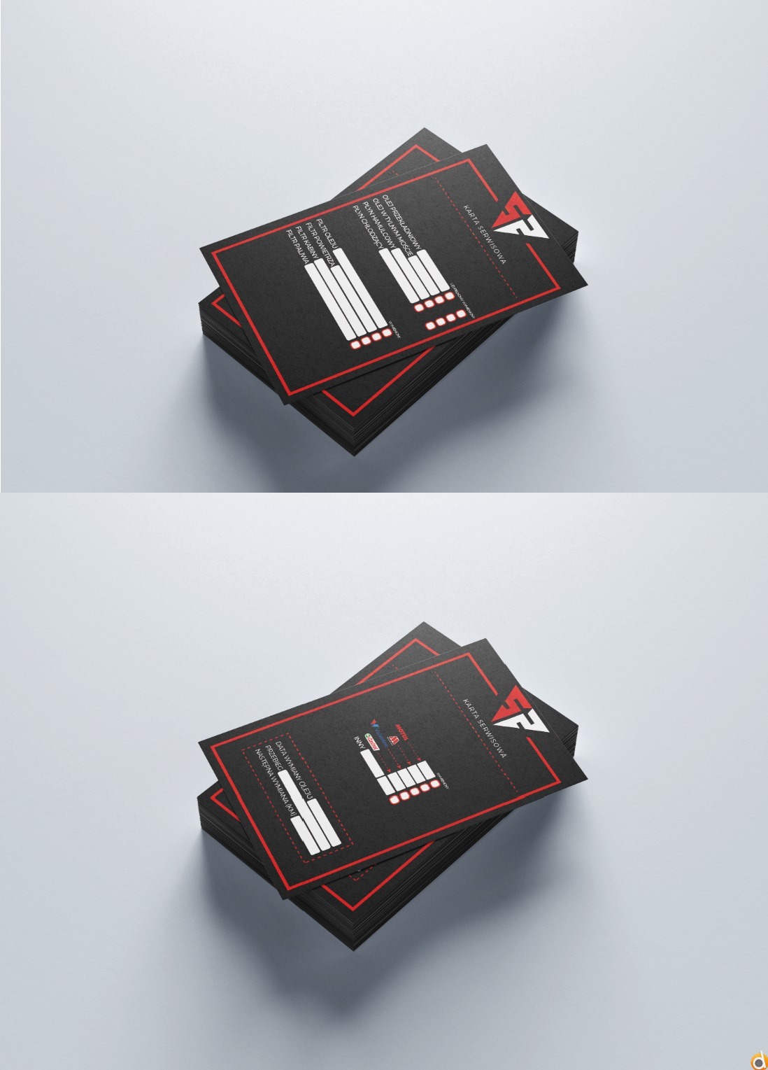 Stos wizytówek serwisu samochodowego z czarnym tłem, czerwonymi obramowaniami i białymi elementami graficznymi: schematycznym silnikiem, listą filtrów i miejscem na wpisanie danych wymiany oleju.