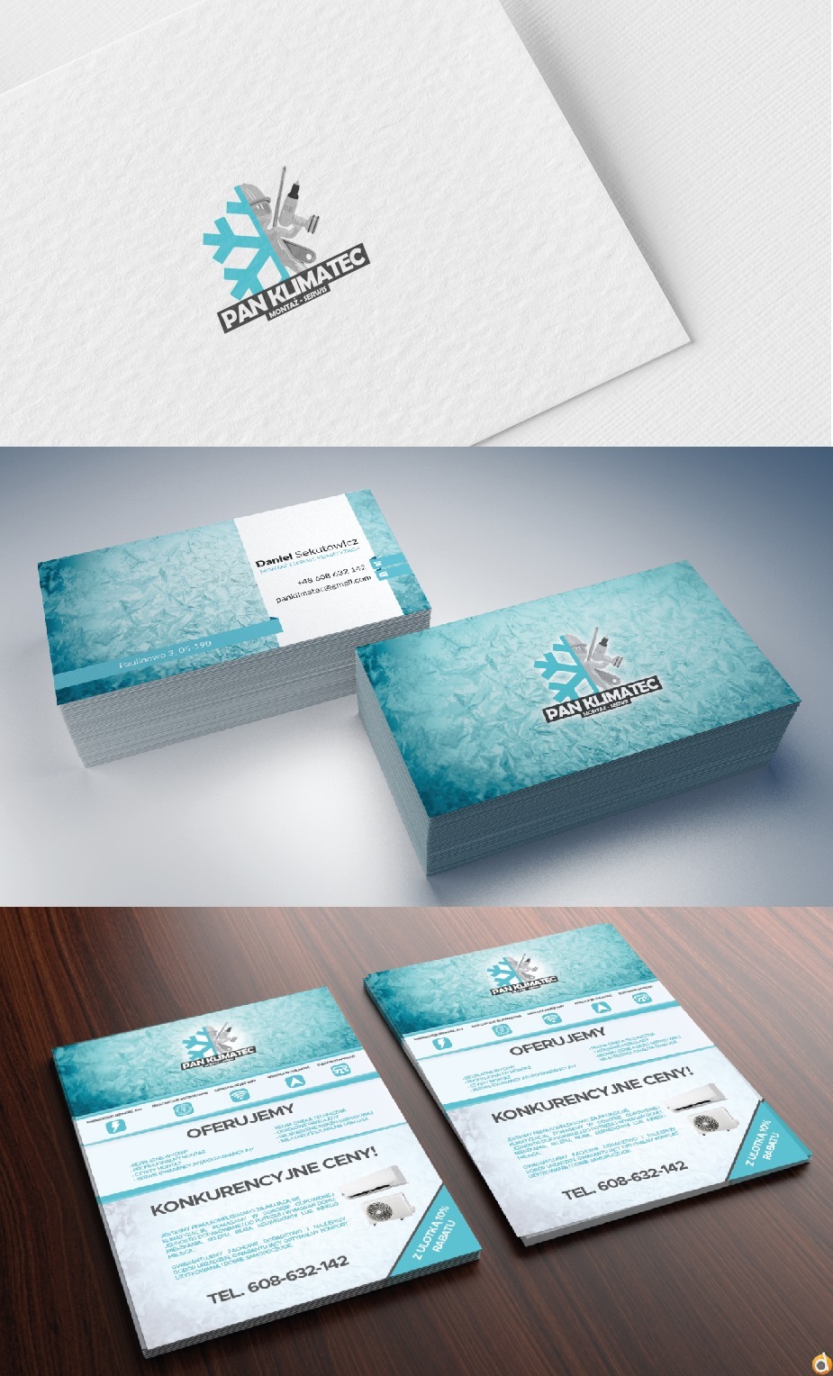 Wizualizacja materiałów reklamowych firmy Pan Klimatec: logo na papierze firmowym, wizytówki ułożone w stosy i ulotki z ofertą na drewnianym biurku.