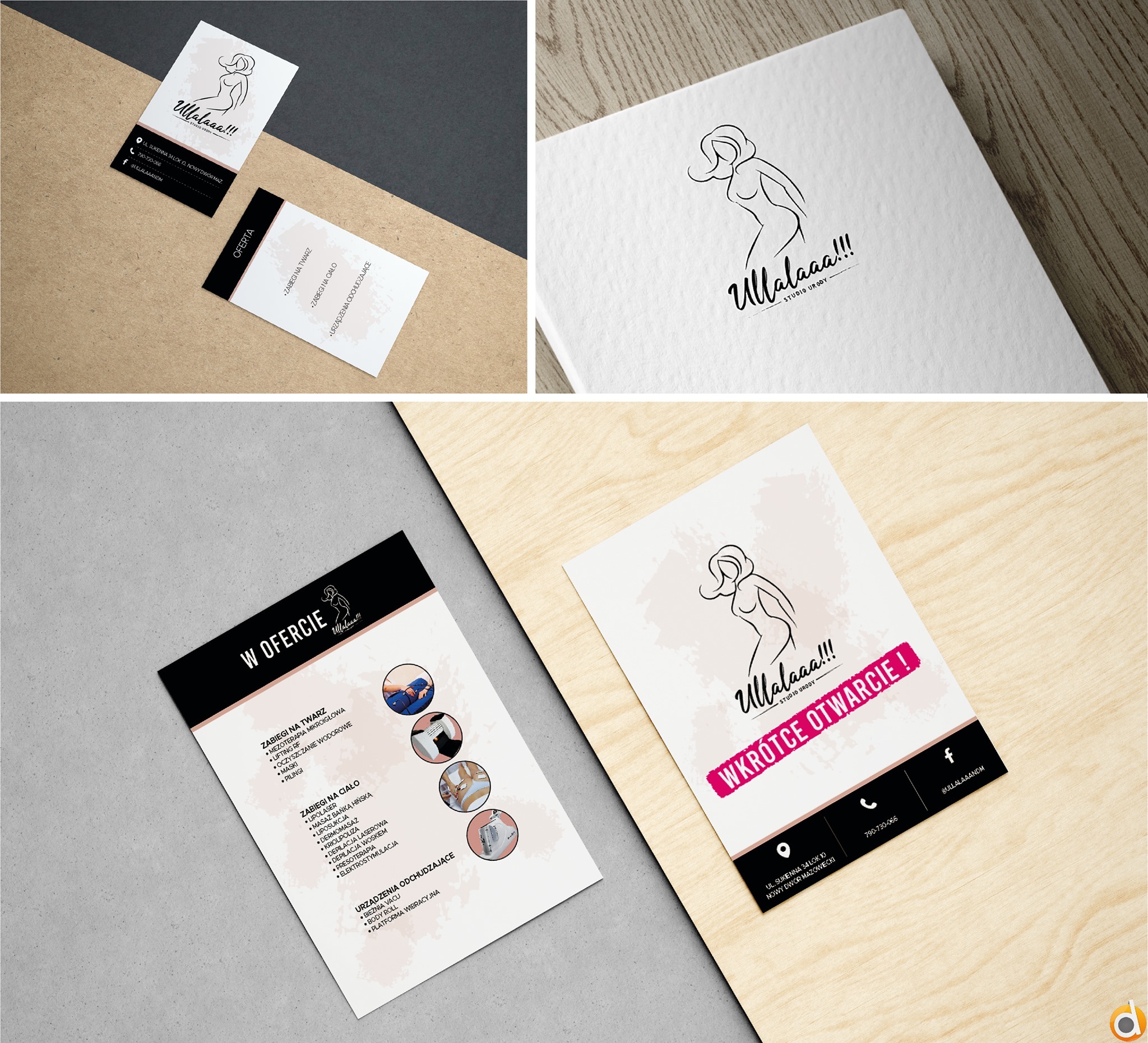 Zestaw materiałów reklamowych salonu urody: wizytówki, ulotka z ofertą zabiegów na twarz i ciało oraz zapowiedź otwarcia, wszystko w minimalistycznej stylistyce z kobiecą grafiką.