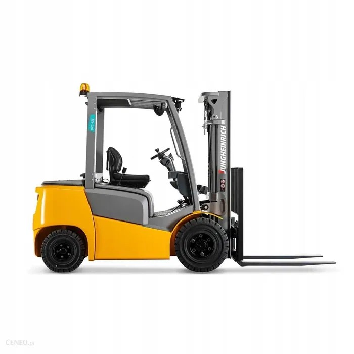 Żółto-szary wózek widłowy Jungheinrich DPS 425 na białym tle, widok z boku.
