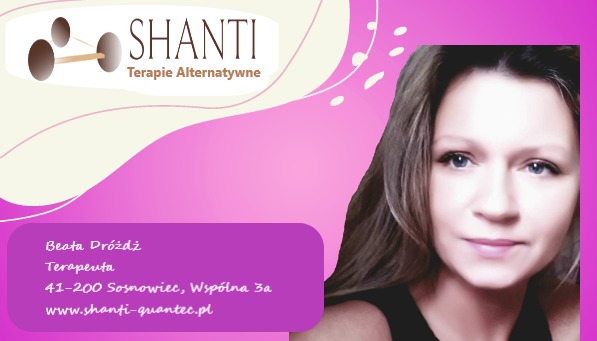 Grafika reklamowa: Logo Shanti Terapie Alternatywne, portret kobiety, dane kontaktowe Beaty Dróżdż, Sosnowiec, adres strony internetowej, fioletowe tło.