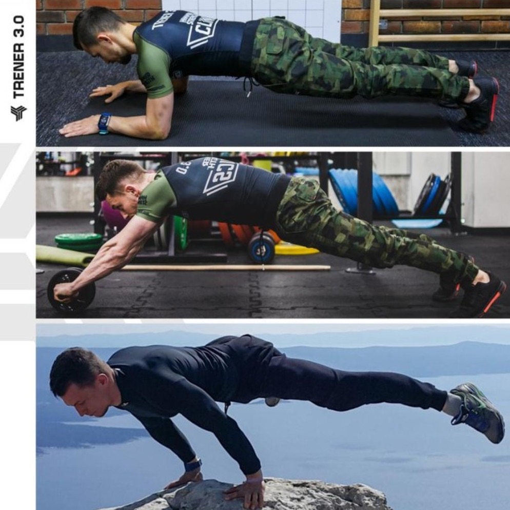 Kolaż trzech zdjęć: mężczyzna wykonuje ćwiczenia plank i pompki z użyciem kółka, na tle siłowni i krajobrazu górskiego. Widoczne detale stroju sportowego.