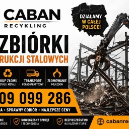 Caban Recykling Sp. z o.o. - Rozbiórka konstrukcji stalowych przez firmę Caban Recykling. Koparka z chwytakiem na tle rozbieranej hali. Działamy w całej Polsce! Szybka wycena i sprawny odbiór.
