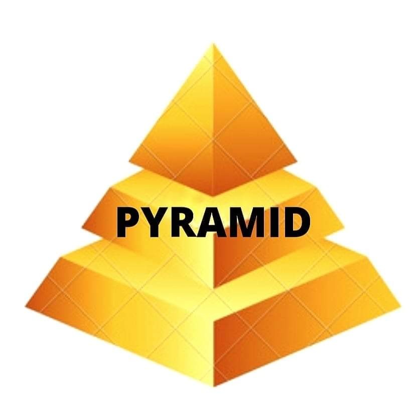 Złota, trójstopniowa piramida z napisem PYRAMID na środkowym poziomie, wyświetlana na białym tle.