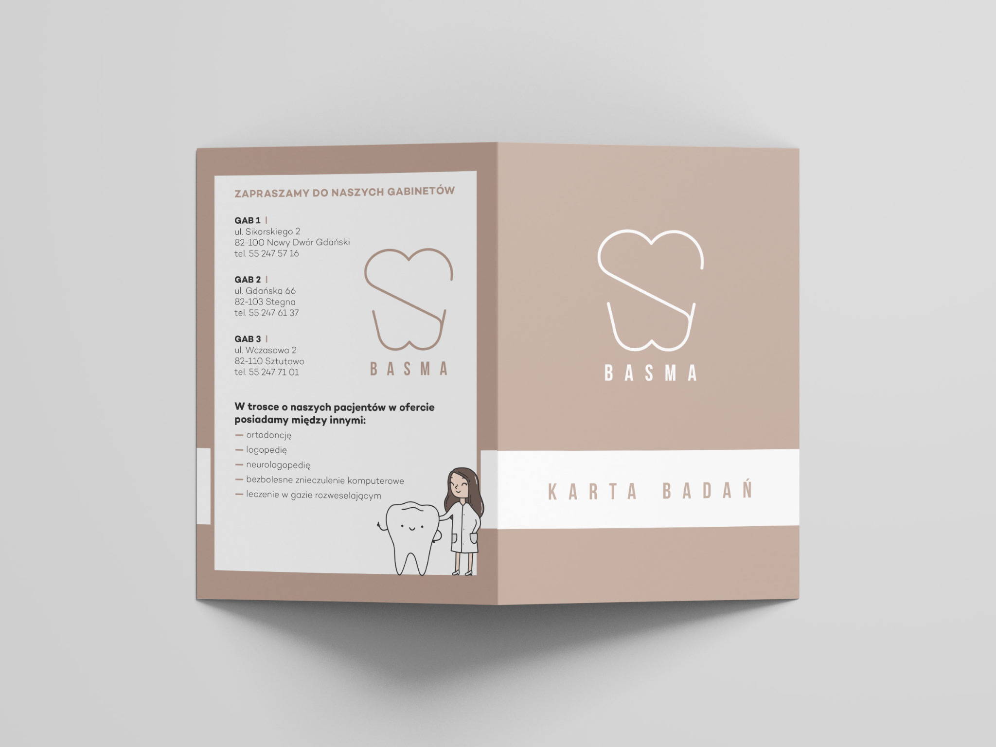 Karta badań w formie broszury dla gabinetów stomatologicznych Basma. Wizualizacja okładki zaakceptowanego projektu. 2022