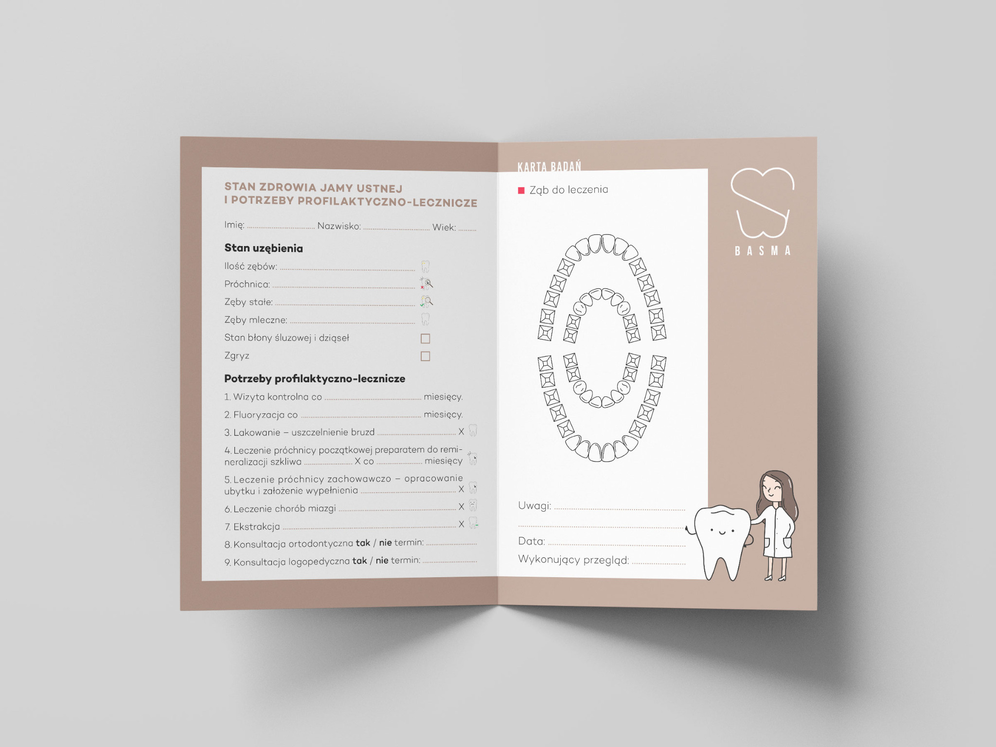 Karta badań w formie broszury dla gabinetów stomatologicznych Basma. Wizualizacja środka zaakceptowanego projektu. 2022