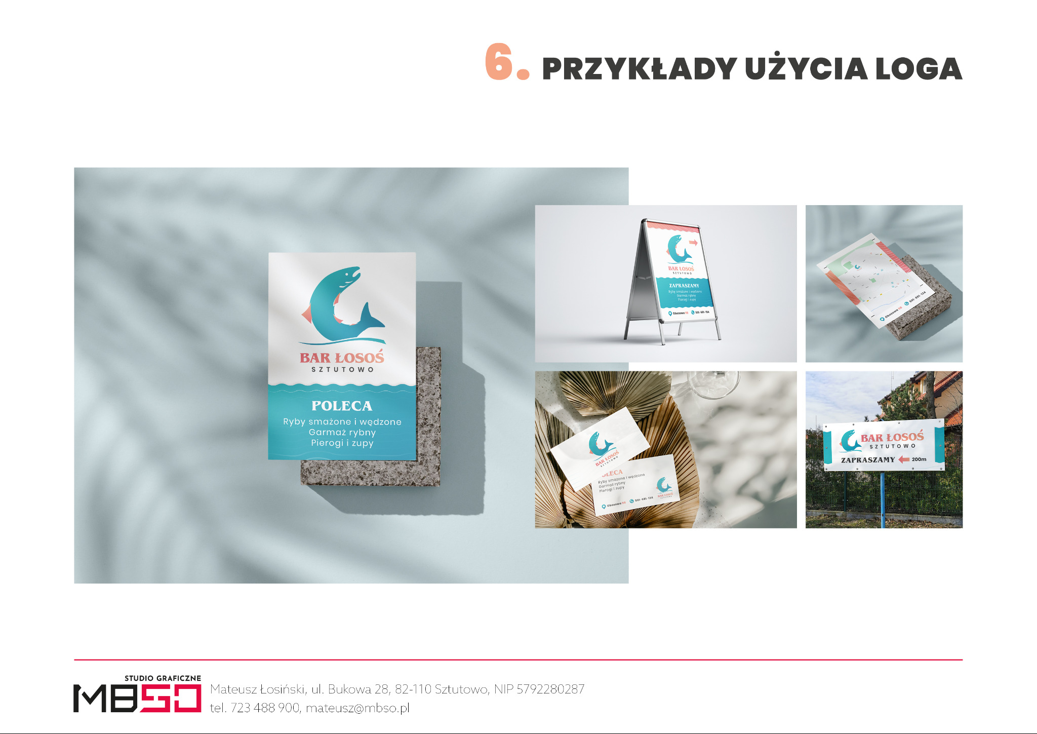 Wizualizacja księgi znaku logo dla Baru Łosoś w Sztutowie, prezentująca logo na wizytówce, szyldzie, tablicy reklamowej i menu, z akcentem na turkusowo-pomarańczową kolorystykę i motyw ryby.
