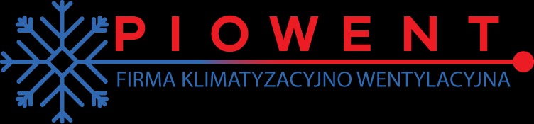 Logo firmy Piowent, specjalizującej się w systemach klimatyzacji i wentylacji, z niebieską śnieżynką i czerwonym napisem na czarnym tle.