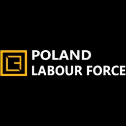 Logo firmy Poland Labour Force z żółtym kwadratem i białym napisem na czarnym tle.