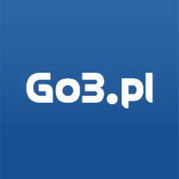Logo 'Go3.pl' w kolorze białym na jednolitym niebieskim tle.