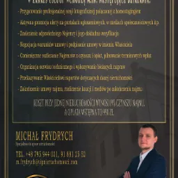 Grafika reklamowa z tytułem 'Zarządzanie Najmem', listą usług, informacją o kosztach, zdjęciem specjalisty nieruchomości Michała Frydrycha oraz logo VIP Nieruchomości.