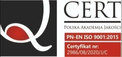 Certyfikat jakości PN-EN ISO 9001:2015, wydany przez Polską Akademię Jakości, numer certyfikatu 2986/08/2020/J/C, z logo w postaci stylizowanej litery Q na czarnym tle.