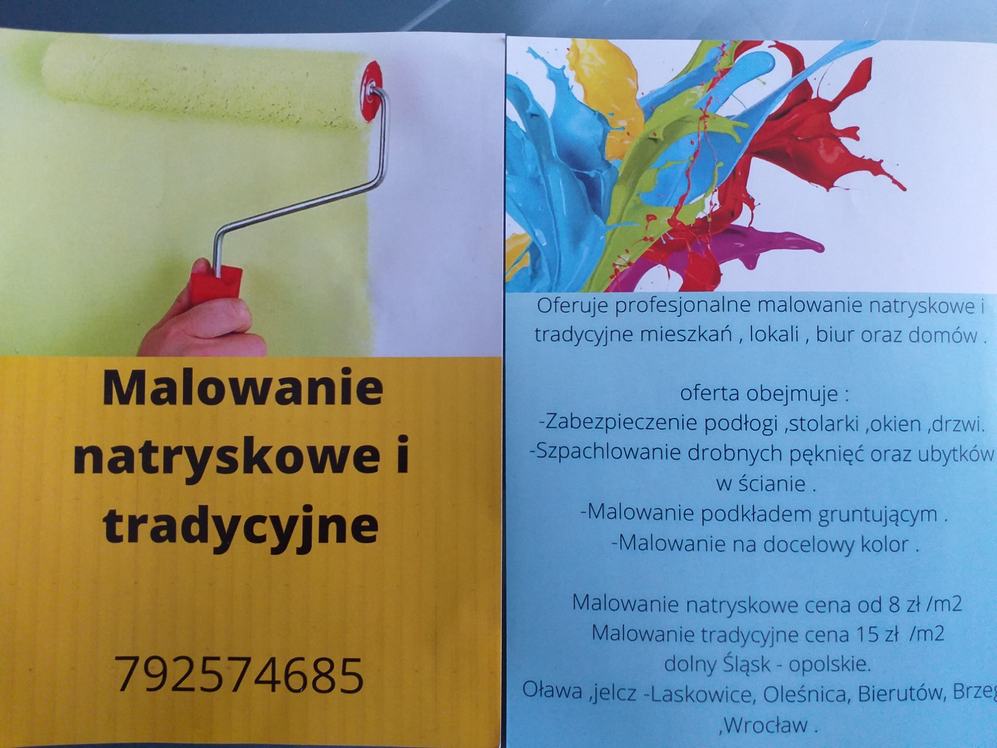 Ulotka reklamowa firmy oferującej usługi malarskie, prezentująca wałek malarski w trakcie pracy, abstrakcyjny wzór farb w różnych kolorach oraz szczegóły oferty, w tym cennik i obszar działania.