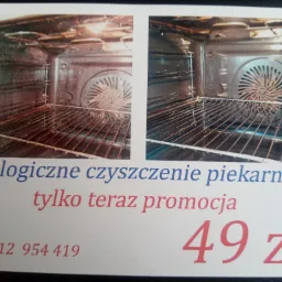Ujęcie z bliska wnętrza brudnego piekarnika przed i po czyszczeniu, widoczne metalowe ruszty i tylna ściana z wentylatorem, na dole oferta promocyjna z numerem telefonu.