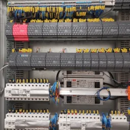 Rozbudowana szafa sterownicza z licznymi modułami, przekaźnikami i zabezpieczeniami, okablowana przewodami oznaczonymi żółtymi numerowanymi tulejkami, widoczne zasilacze impulsowe i listwy zaciskowe.