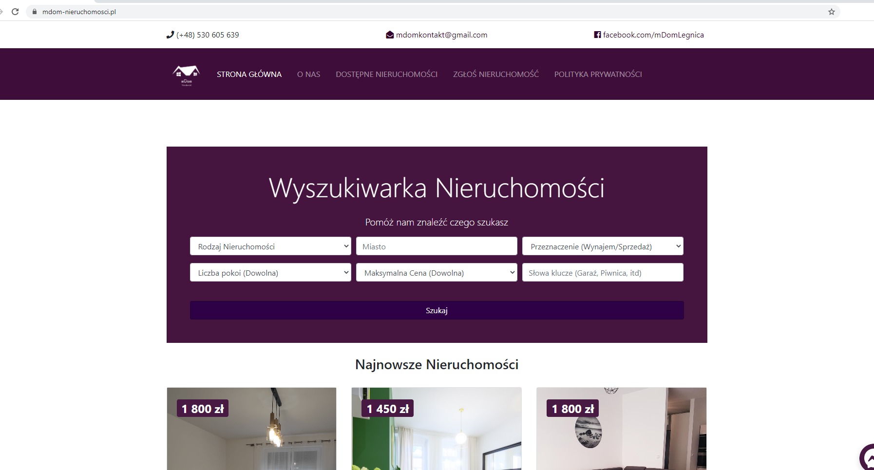Strona internetowa agencji nieruchomości mdom-nieruchomosci.pl z wyszukiwarką ofert i najnowszymi ogłoszeniami.