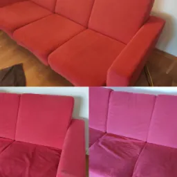 Trzyczęściowa, czerwona kanapa z widoczną różnicą w kolorze i czystości pomiędzy górną (przed czyszczeniem) i dolną częścią (po czyszczeniu) zdjęcia.