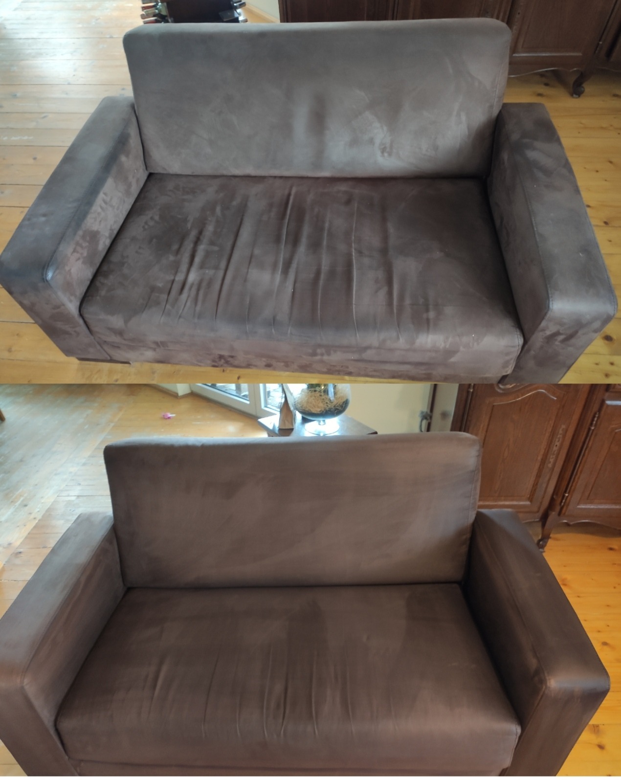 Dwu-częściowe zdjęcie brązowej kanapy: górna połowa pokazuje kanapę przed czyszczeniem z widocznymi plamami, dolna połowa po czyszczeniu, z odświeżonym kolorem.